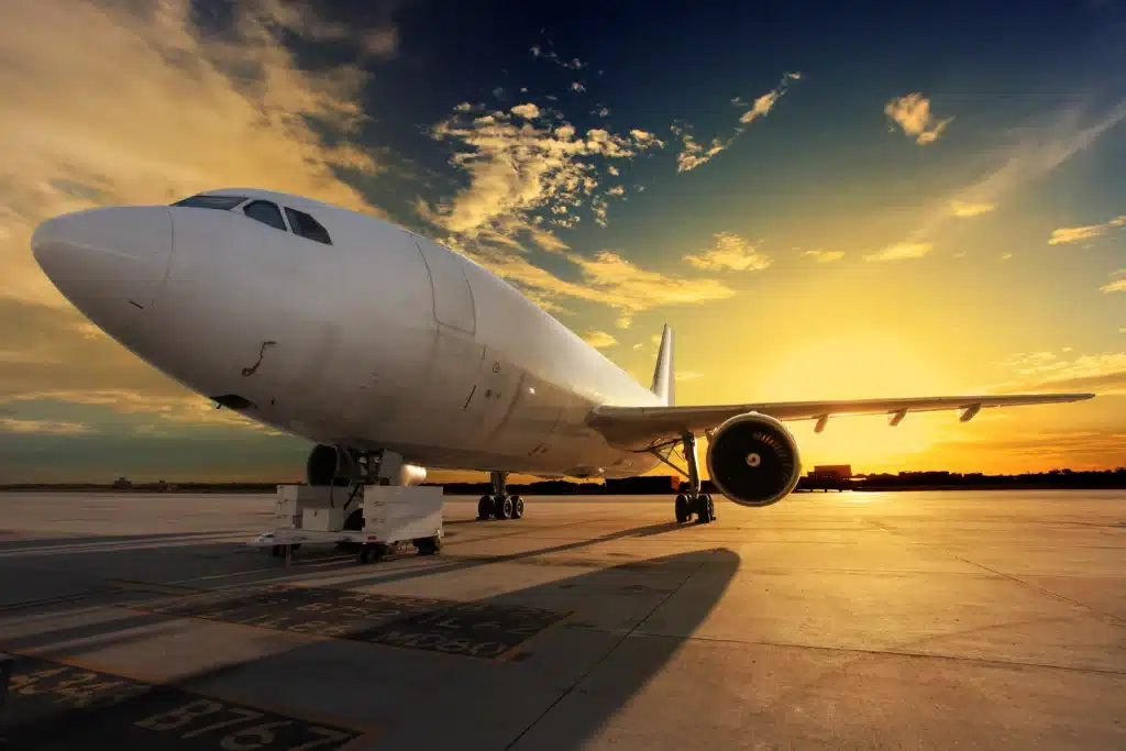 avião no pôr do sol