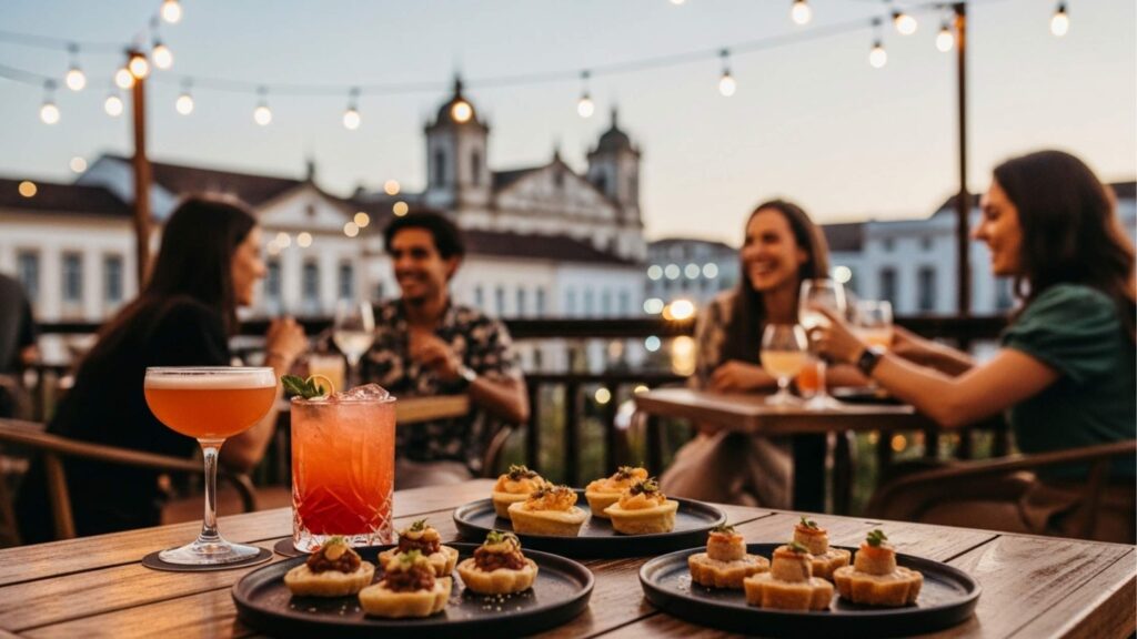 Dois coquetéis coloridos e pequenos canapés servidos em pratos pretos sobre uma mesa de madeira em primeiro plano. Ao fundo, desfocado, um grupo de amigos sorri e conversa em um bar ao ar livre no entardecer, iluminado por luzes de varal, com a arquitetura de um prédio histórico ao fundo.
