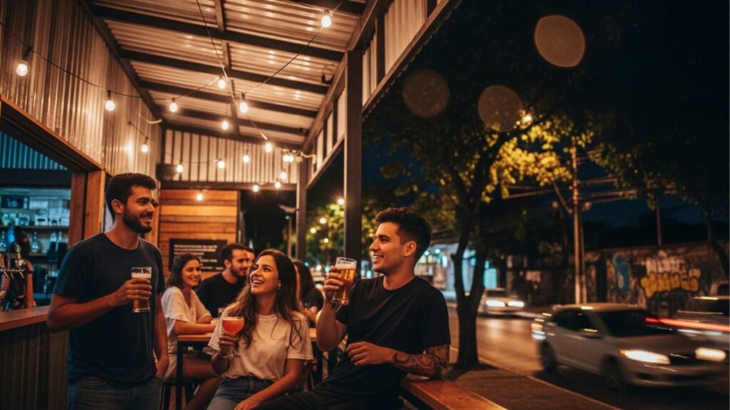 Grupo de quatro jovens adultos sorrindo e conversando enquanto bebem cerveja e drinks em um bar noturno com varanda aberta para a rua. O ambiente tem iluminação aconchegante com luzes pendentes, e ao fundo é possível ver a rua iluminada e o vulto de um carro em movimento.