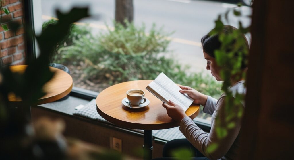 Mulher lendo livro em uma cafeteria aconchegante em Pelotas, com café sobre a mesa de madeira e vista para a rua através da janela.
