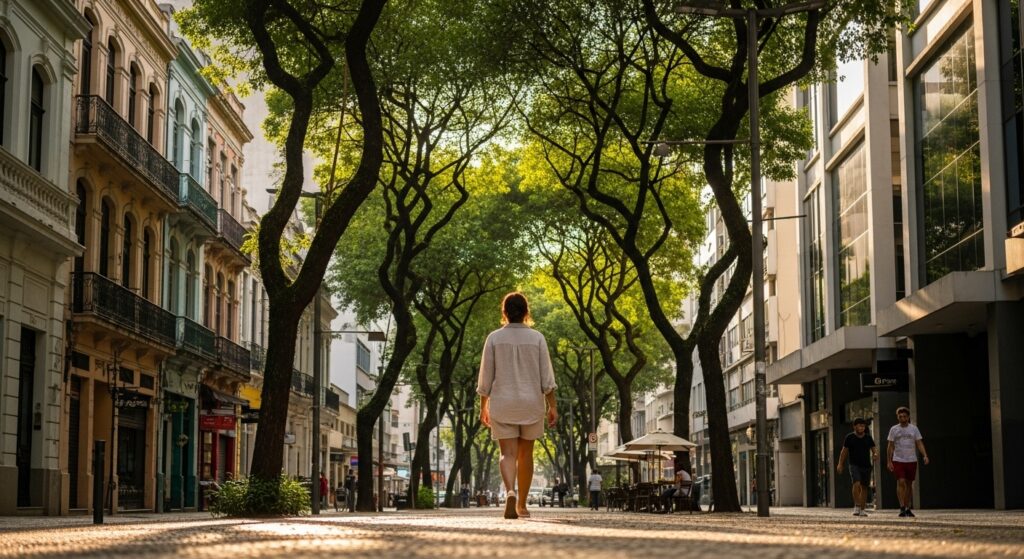 Vista em ângulo baixo do Calçadão de Pelotas com suas árvores características formando um túnel verde sobre pedestres e prédios históricos.