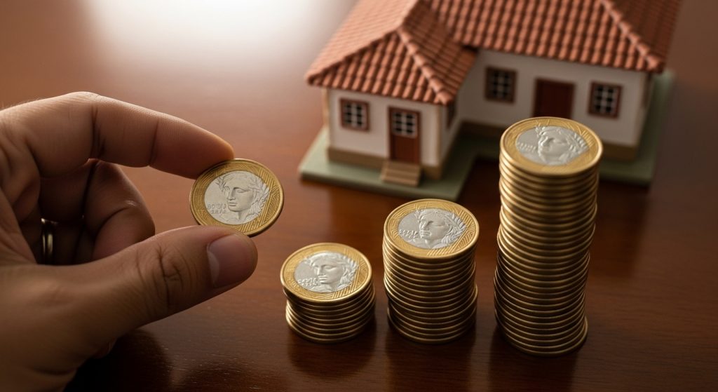 Mão segura moeda de real ao lado de pilhas crescentes e miniatura de casa sobre mesa.