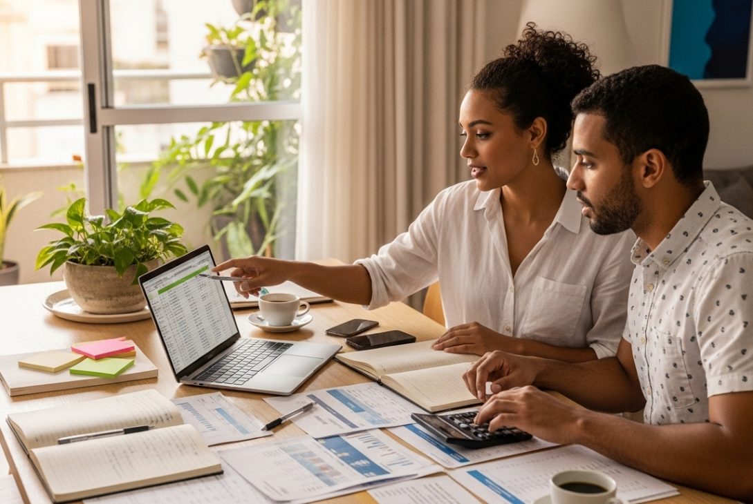 Casal analisa planilha financeira em laptop com documentos e calculadora sobre a mesa.