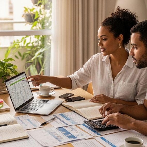 Casal analisa planilha financeira em laptop com documentos e calculadora sobre a mesa.