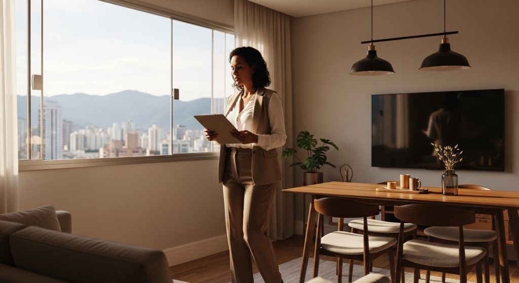 Mulher em apartamento iluminado segura tablet observando vista urbana pela janela.