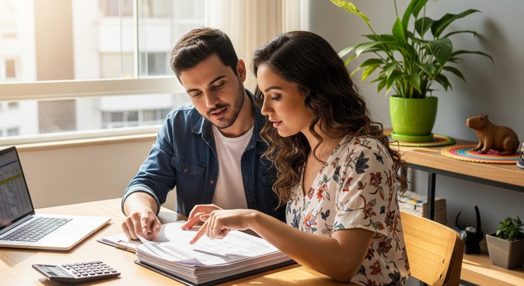 Casal revisa contas e papéis financeiros juntos à mesa com laptop e calculadora.