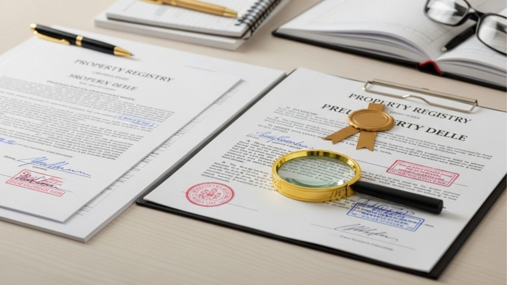 Documentos de registro de propriedade com selos, assinaturas e lupa sobre a mesa.