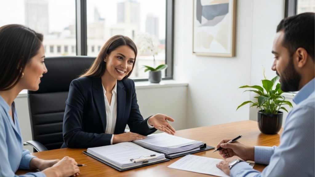 Três pessoas em reunião formal assinando documentos em um escritório corporativo.