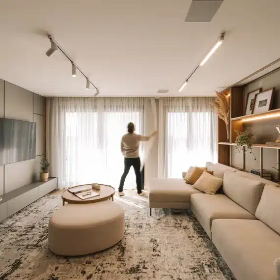 condominio-aires-de-plaza-homem-abrindo-cortinas-de-janela-que-mostra-o-parque-una