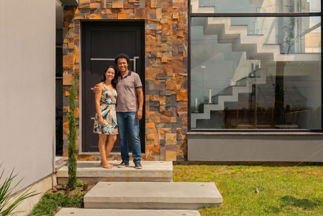 Casal em frente à fachada de uma casa moderna com revestimento em pedra natural e grande vitrine de vidro, simbolizando a conquista da casa própria em Pelotas.