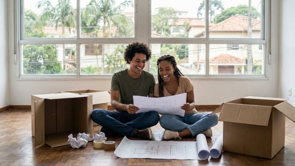 Casal jovem sorridente sentado no chão de uma sala vazia com caixas de mudança, analisando uma planta baixa de imóvel durante o processo de novo lar.