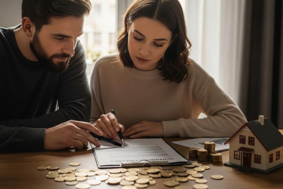 Casal analisando e assinando contrato de hipoteca em uma mesa com moedas e uma maquete de casa, representando planejamento financeiro para compra de imóvel.