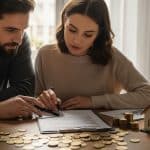 Casal analisando e assinando contrato de hipoteca em uma mesa com moedas e uma maquete de casa, representando planejamento financeiro para compra de imóvel.