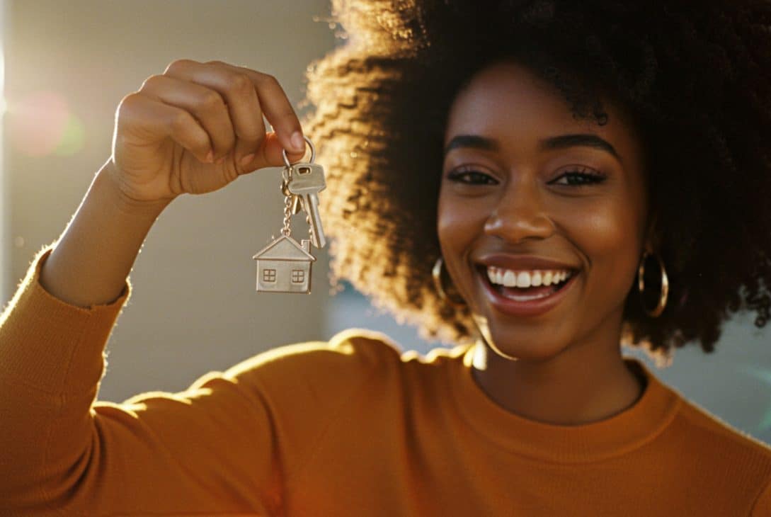 A imagem retrata uma jovem sorridente segurando um chaveiro com a miniatura de uma casa e duas chaves, simbolizando a conquista da casa própria. Ela veste uma blusa de manga comprida em tom mostarda e transmite alegria e realização, com a luz do sol iluminando seu rosto e criando um clima acolhedor e esperançoso. O fundo desfocado sugere um ambiente interno bem iluminado, reforçando a ideia de um novo lar. A cena representa um momento marcante e positivo, frequentemente associado à compra de um imóvel, possivelmente com apoio de financiamento ou uso do FGTS.