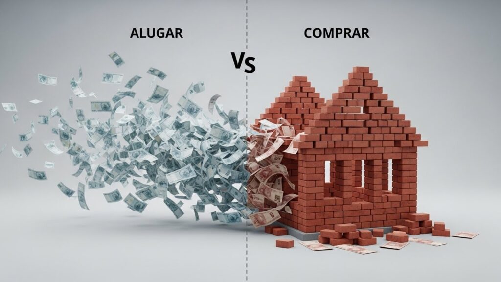 Comparativo visual entre alugar e comprar imóvel. À esquerda, sob a palavra "ALUGAR", notas de dinheiro voam e se dispersam. À direita, sob "COMPRAR", o dinheiro se solidifica formando uma casa de tijolos, simbolizando a construção de patrimônio através do investimento imobiliário.