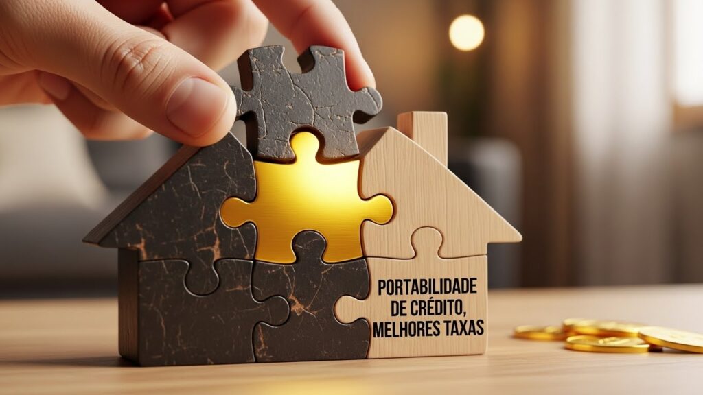 Mão colocando a peça final em um quebra-cabeça em formato de casa. O texto ao lado diz "PORTABILIDADE DE CRÉDITO, MELHORES TAXAS". O centro do quebra-cabeça brilha em dourado, representando a vantagem financeira de renegociar o financiamento imobiliário.