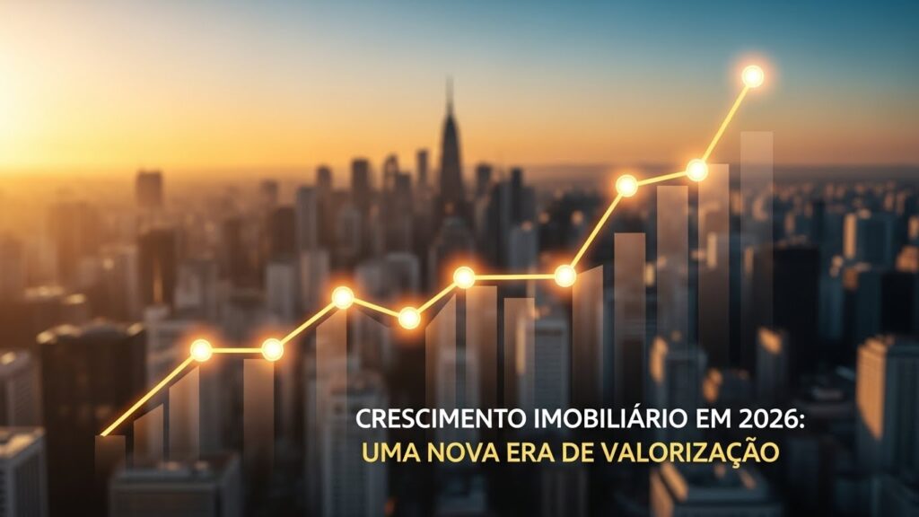 Gráfico financeiro com linha dourada em forte ascensão sobreposto a uma vista panorâmica de cidade ao pôr do sol. O texto na imagem diz: "CRESCIMENTO IMOBILIÁRIO EM 2026: UMA NOVA ERA DE VALORIZAÇÃO", indicando tendências positivas do mercado.