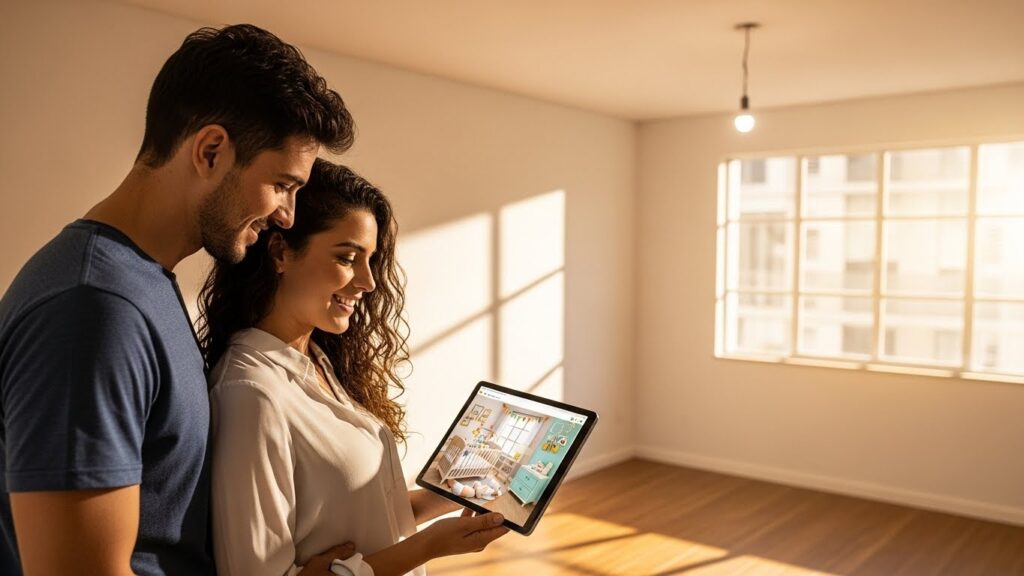 Casal jovem sorridente em pé em uma sala vazia iluminada pelo sol. Eles olham para um tablet que exibe uma simulação digital de um quarto de bebê decorado, ilustrando o planejamento de interiores e o futuro na casa nova.