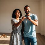 Casal multirracial feliz exibindo as chaves da casa própria para a câmera. Ao fundo, em uma sala vazia com piso de madeira, vê-se caixas de mudança empilhadas com etiquetas escritas "CASA NOVA", marcando o momento da conquista do imóvel.