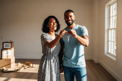 Casal multirracial feliz exibindo as chaves da casa própria para a câmera. Ao fundo, em uma sala vazia com piso de madeira, vê-se caixas de mudança empilhadas com etiquetas escritas "CASA NOVA", marcando o momento da conquista do imóvel.