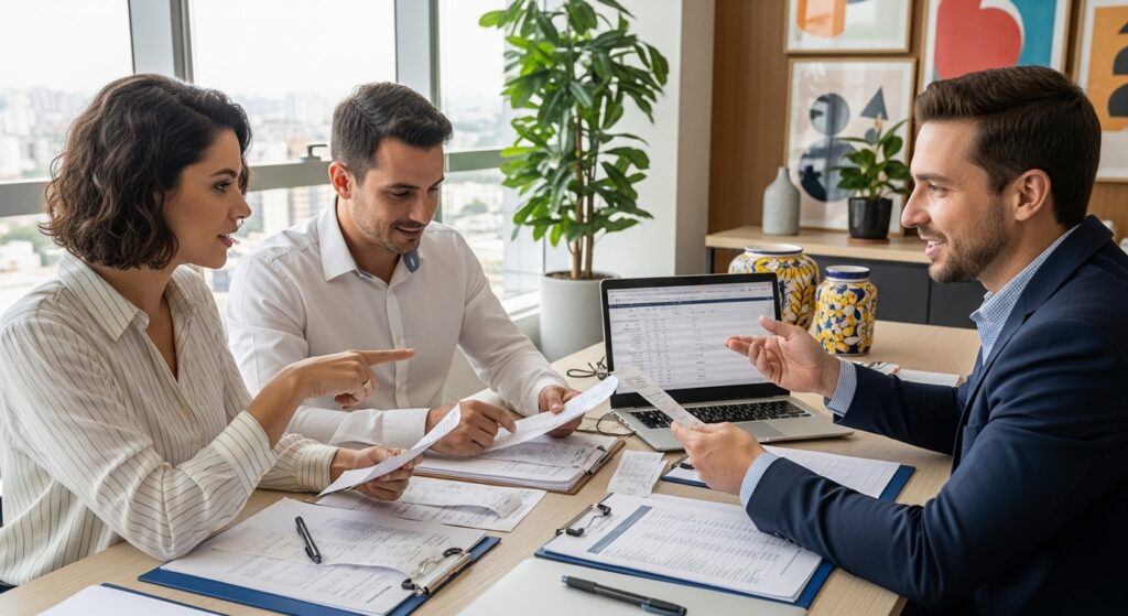 Casal sentado à mesa com consultor financeiro, analisando documentos e gráficos em um notebook em ambiente corporativo com vista para a cidade.
