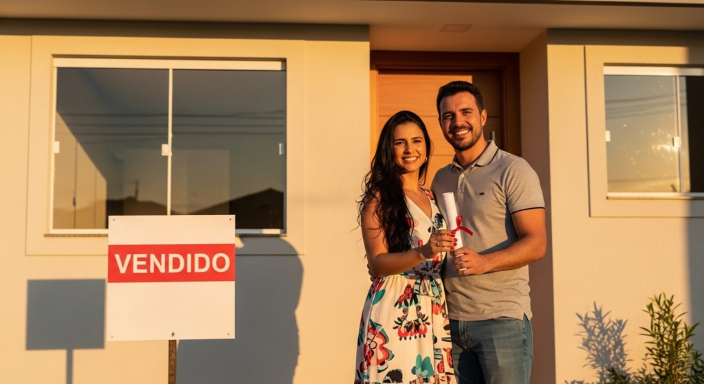 Casal sorridente segurando chave e contrato em frente a casa recém-comprada, com placa de “VENDIDO” ao lado.