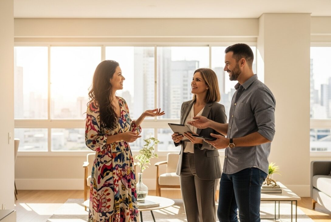 Casal conversando com corretora de imóveis dentro de apartamento moderno e iluminado, com vista para a cidade ao fundo.