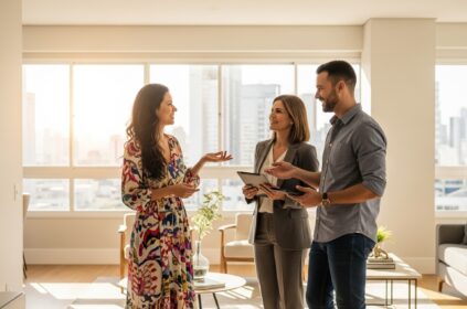Casal conversando com corretora de imóveis dentro de apartamento moderno e iluminado, com vista para a cidade ao fundo.