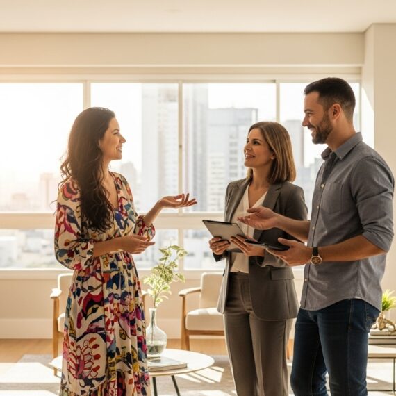 Casal conversando com corretora de imóveis dentro de apartamento moderno e iluminado, com vista para a cidade ao fundo.