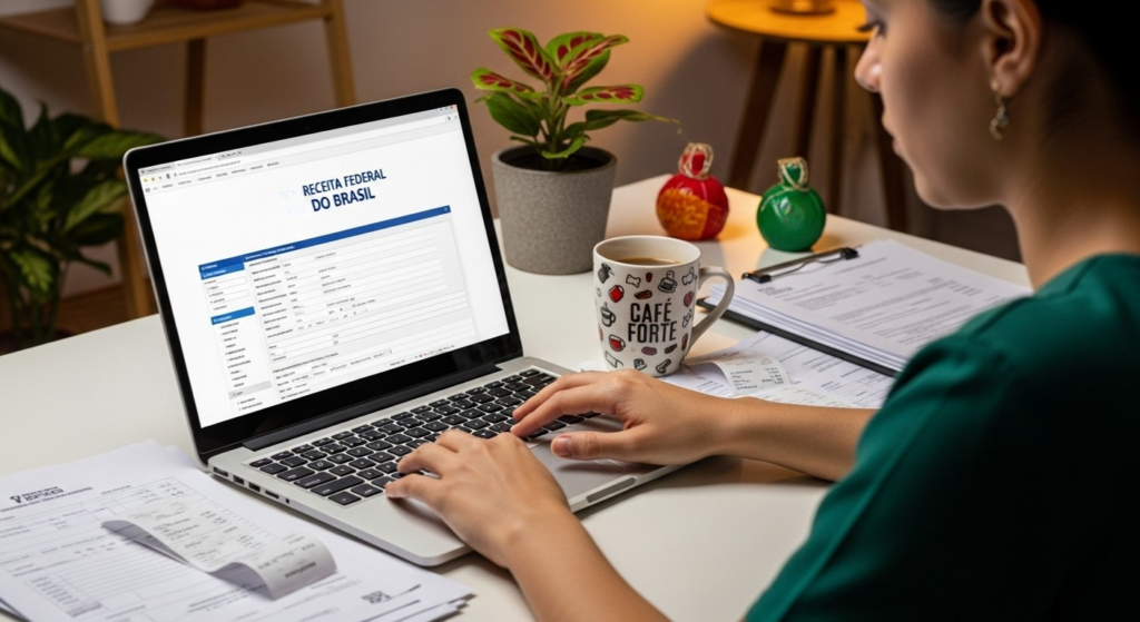 Mulher usando notebook com site da Receita Federal do Brasil aberto, ao lado de documentos, recibos e uma caneca com a frase “Café Forte” sobre a mesa.