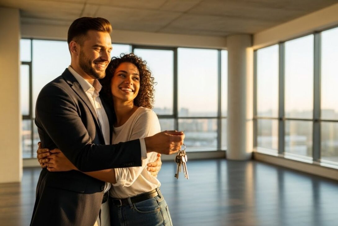 Um casal jovem e sorridente abraçado dentro de um apartamento amplo e vazio, iluminado pela luz do sol. A mulher segura e exibe as chaves do imóvel novo.