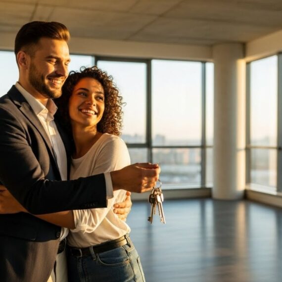 Um casal jovem e sorridente abraçado dentro de um apartamento amplo e vazio, iluminado pela luz do sol. A mulher segura e exibe as chaves do imóvel novo.