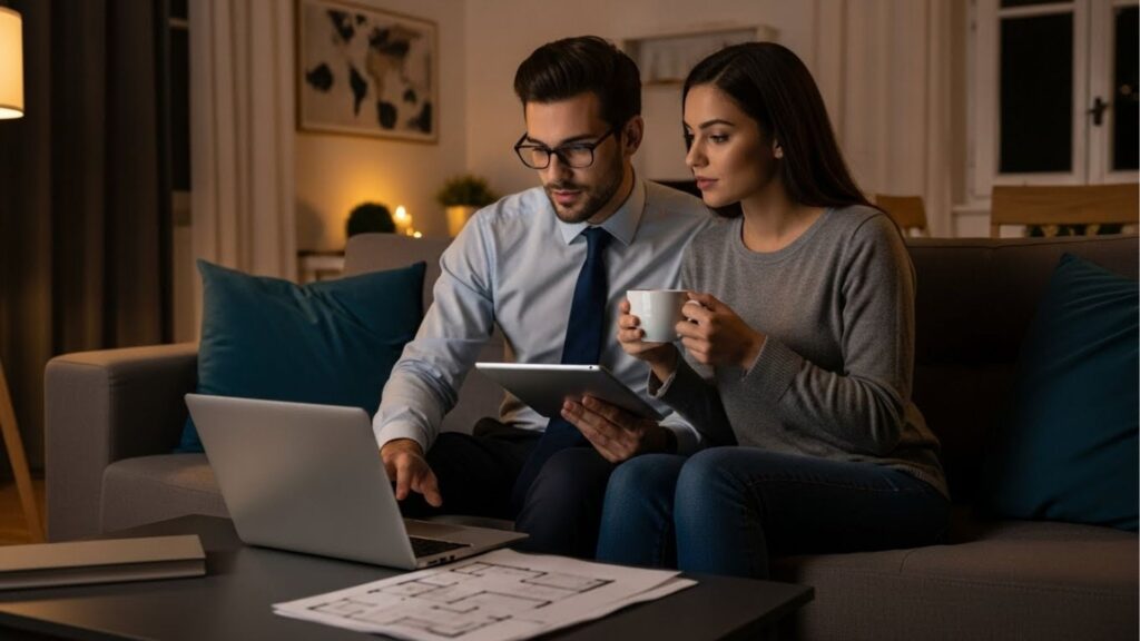 Um casal sentado no sofá de casa à noite, analisando finanças ou imóveis em um tablet. O homem aponta para a tela enquanto a mulher segura uma xícara, e há uma planta baixa de construção sobre a mesa de centro.