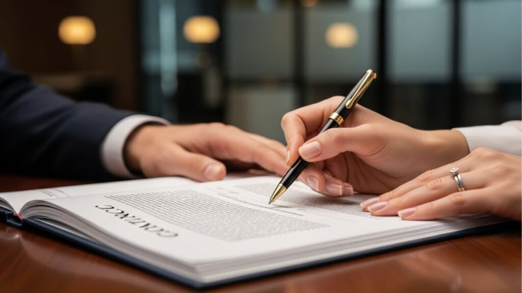 Close-up de uma mão feminina assinando um contrato de financiamento imobiliário com uma caneta elegante sobre uma mesa de escritório, com outra pessoa aguardando ao fundo.