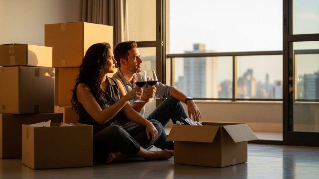 Um casal sentado no chão de um apartamento novo, cercado por caixas de papelão de mudança. Eles seguram taças de vinho tinto e olham para a vista da cidade através de uma grande porta de vidro ao pôr do sol.