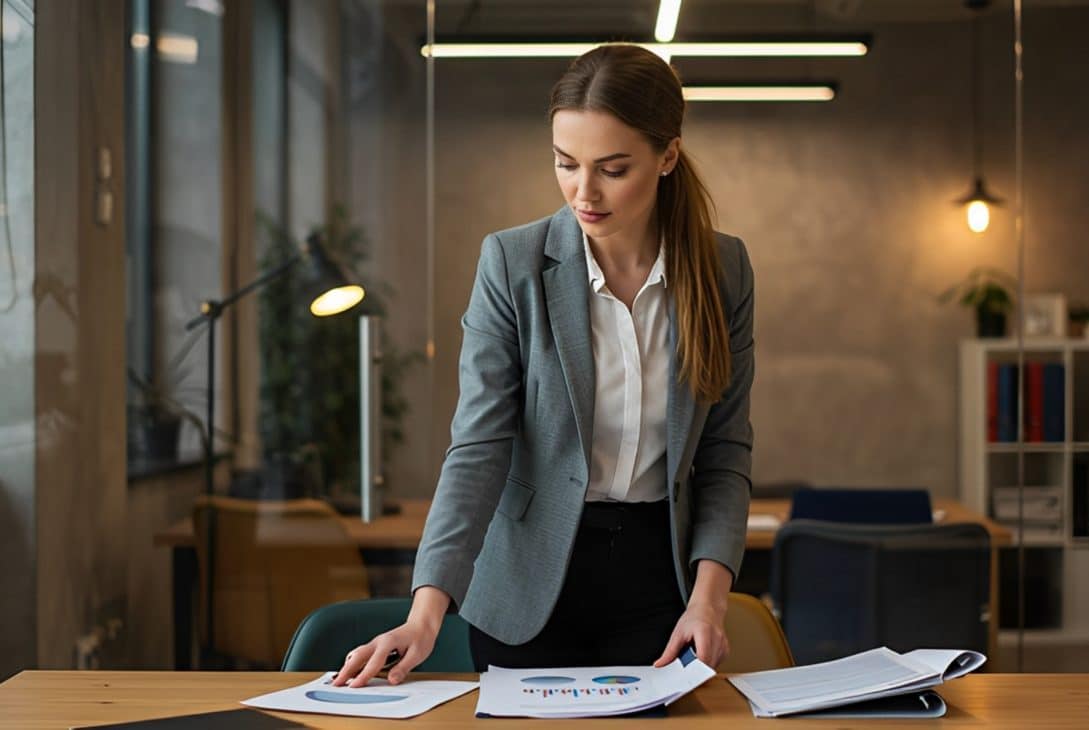A imagem mostra uma mulher no ambiente de trabalho, aparentemente pensativa, em uma mesa de escritório com documentos e gráficos. Ao fundo, é possível ver pilhas de papéis e um ambiente corporativo moderno, com uma vista para a cidade.