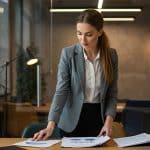 A imagem mostra uma mulher no ambiente de trabalho, aparentemente pensativa, em uma mesa de escritório com documentos e gráficos. Ao fundo, é possível ver pilhas de papéis e um ambiente corporativo moderno, com uma vista para a cidade.