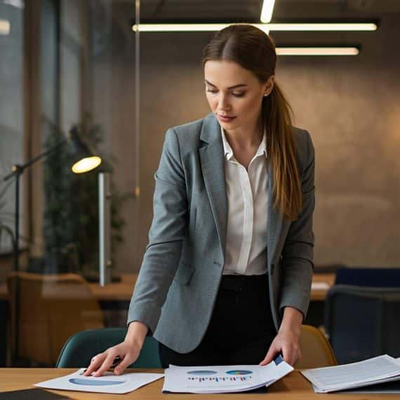 A imagem mostra uma mulher no ambiente de trabalho, aparentemente pensativa, em uma mesa de escritório com documentos e gráficos. Ao fundo, é possível ver pilhas de papéis e um ambiente corporativo moderno, com uma vista para a cidade.