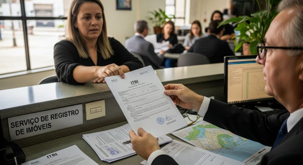 Mulher entrega documento de ITBI a um atendente em balcão com placa “Serviço de Registro de Imóveis”; outras pessoas são atendidas ao fundo e há plantas e papéis sobre a mesa.