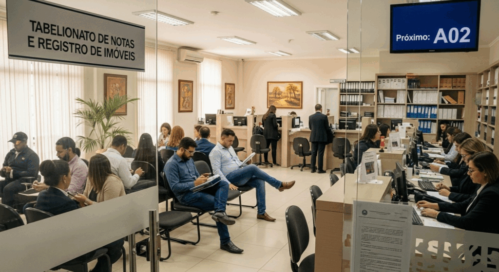 Sala de espera de um cartório com diversas pessoas sentadas aguardando atendimento; ao fundo, funcionários trabalham em mesas com computadores e há uma placa de identificação “Tabelionato de Notas e Registro de Imóveis”.