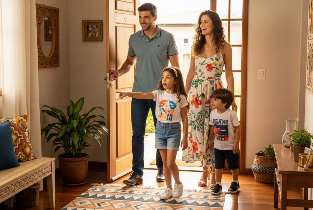 Família com pai, mãe e dois filhos pequenos entrando sorridente em uma casa bem iluminada e decorada com plantas e almofadas coloridas; a menina aponta animada para o interior do ambiente.