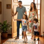 Família com pai, mãe e dois filhos pequenos entrando sorridente em uma casa bem iluminada e decorada com plantas e almofadas coloridas; a menina aponta animada para o interior do ambiente.