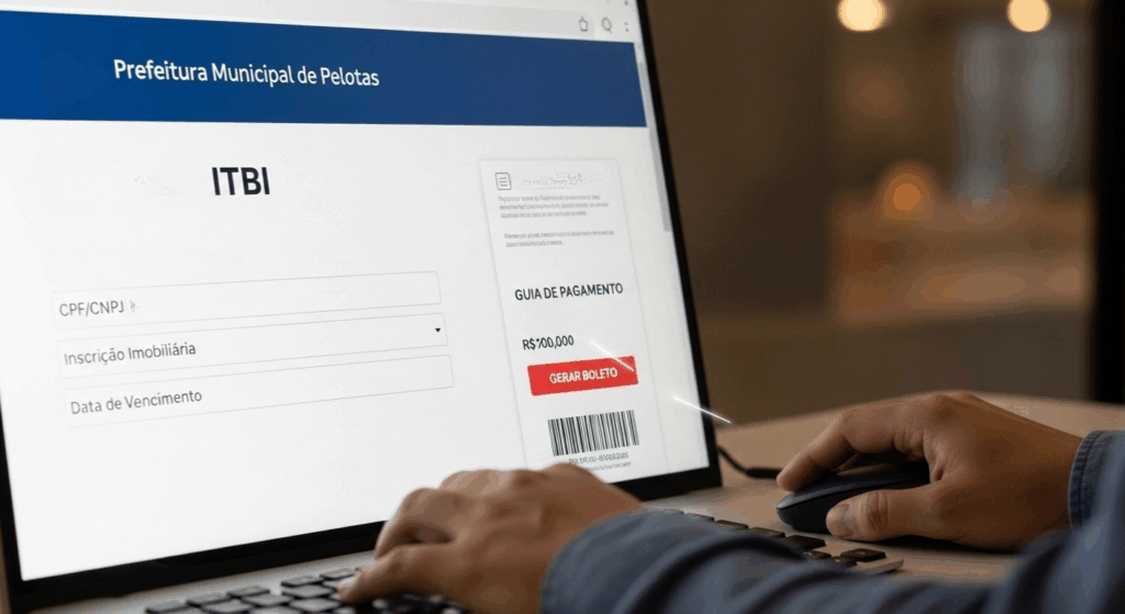 Tela de computador exibindo sistema da Prefeitura Municipal de Pelotas para emissão de guia de pagamento do ITBI, com campos para CPF/CNPJ, inscrição imobiliária e data de vencimento; botão vermelho “GERAR BOLETO” mostra valor de R$ 100,00.