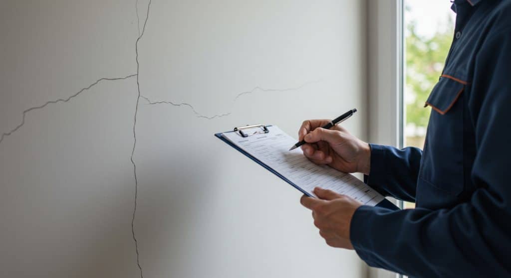 Inspetor registrando em prancheta rachaduras na parede durante vistoria.