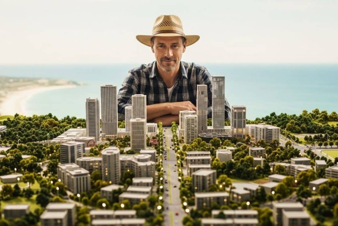 O ChatGPT disse: Homem usando chapéu observando maquete detalhada de cidade litorânea planejada.