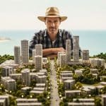 O ChatGPT disse: Homem usando chapéu observando maquete detalhada de cidade litorânea planejada.