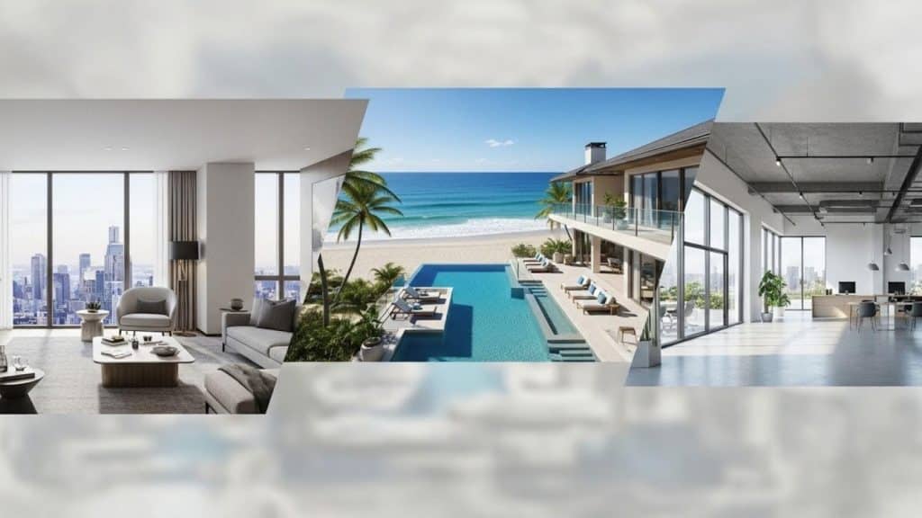 Montagem com três imagens mostrando sala moderna com vista urbana, mansão à beira-mar com piscina e escritório amplo iluminado.