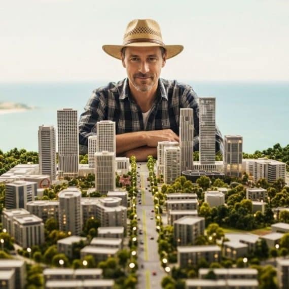 O ChatGPT disse: Homem usando chapéu observando maquete detalhada de cidade litorânea planejada.