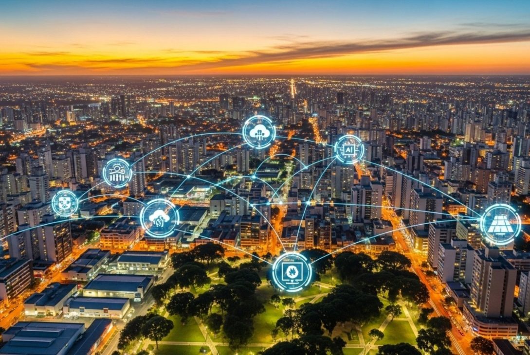 Vista aérea de uma cidade iluminada ao entardecer, com ícones digitais representando tecnologia e conectividade sobrepostos à imagem.