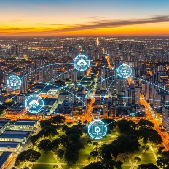 Vista aérea de uma cidade iluminada ao entardecer, com ícones digitais representando tecnologia e conectividade sobrepostos à imagem.